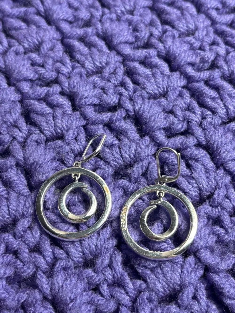 Silvertone Double Circle Dangle Earrings Clear Rhinestones Some Metal Wear